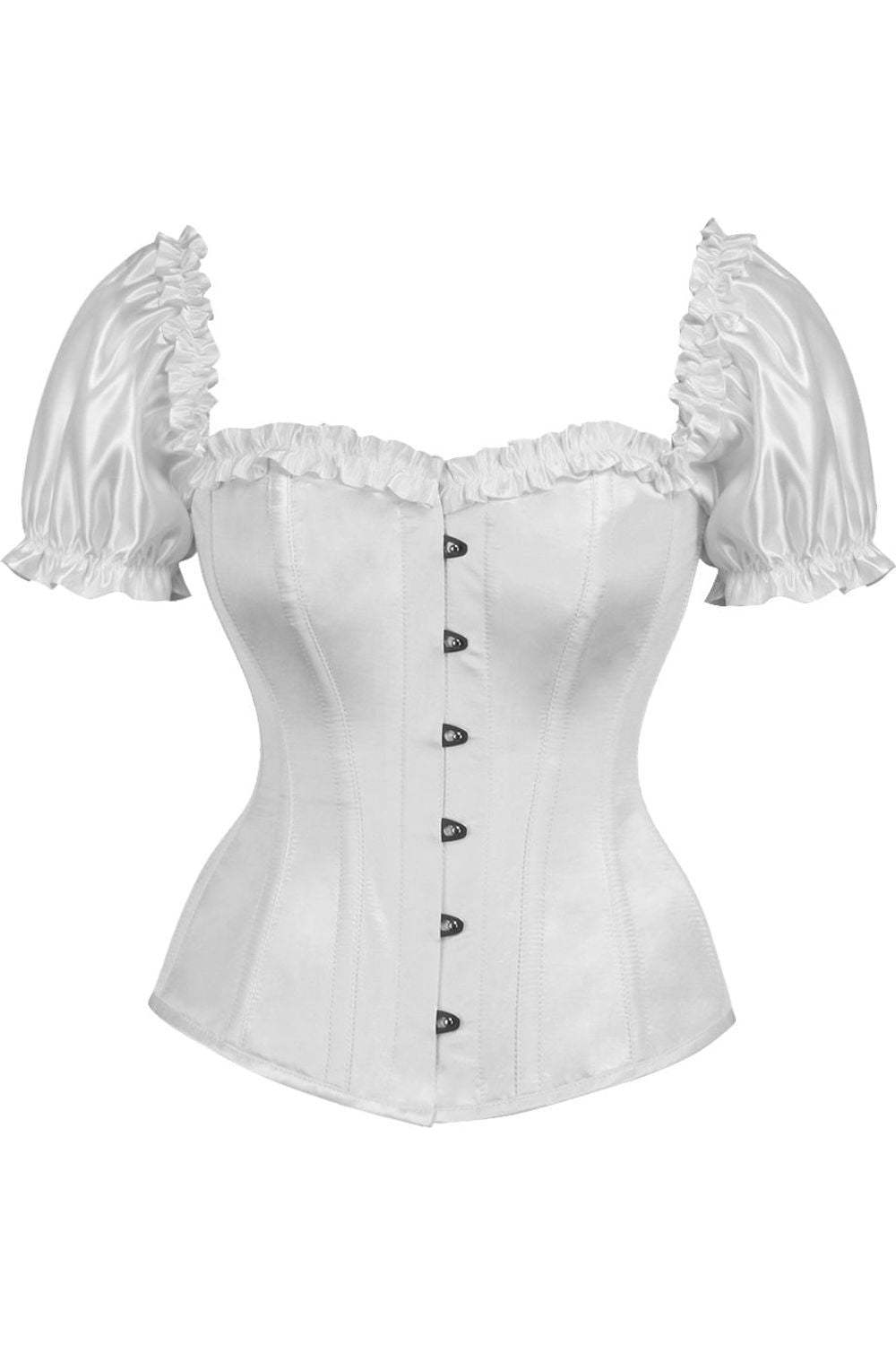 Daisy Corsets Top Drawer Steel Boned White Satin Overbust Corset w/Sleeves - Daisy Corsets - Flyclothing LLC