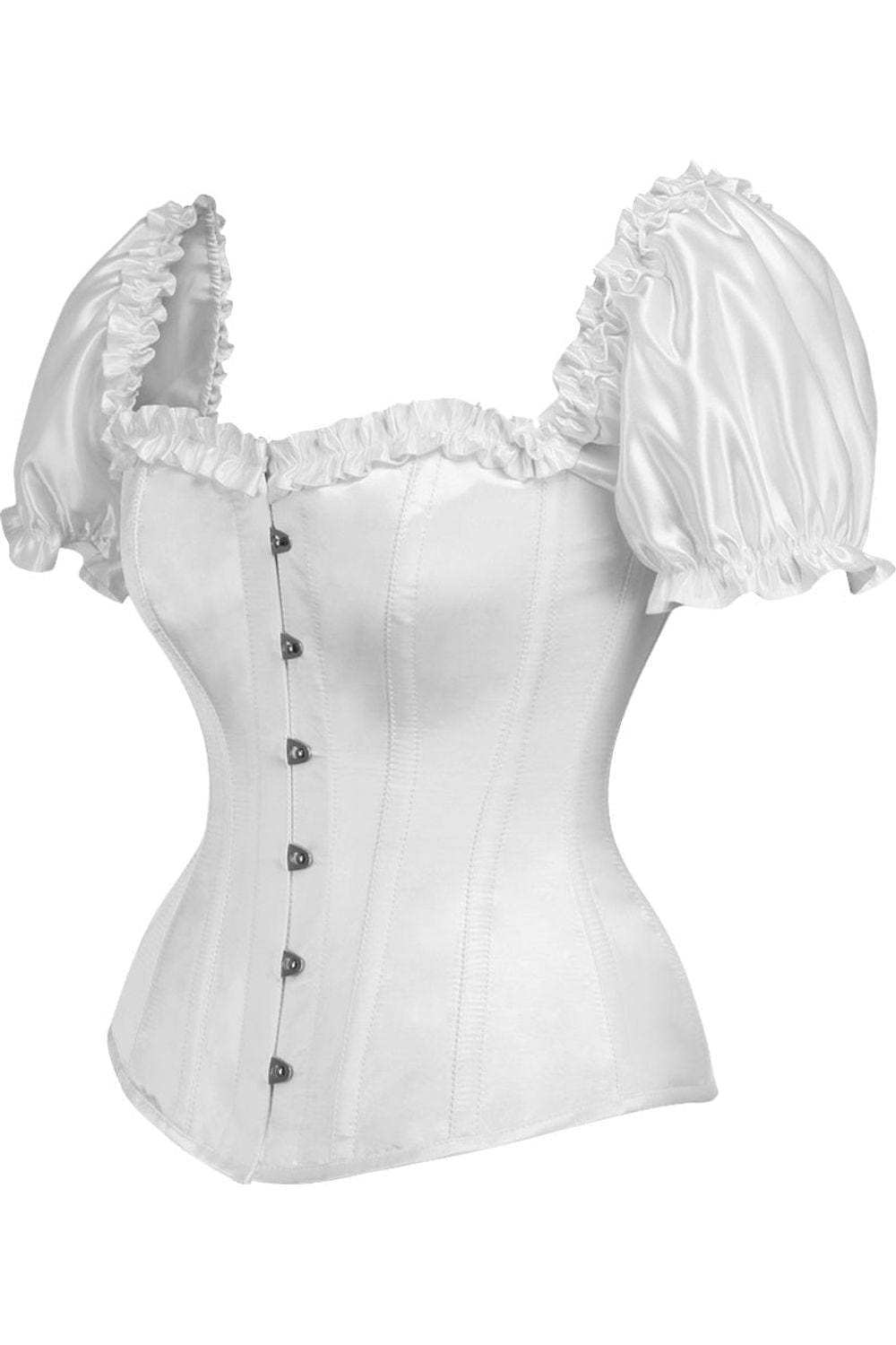 Daisy Corsets Top Drawer Steel Boned White Satin Overbust Corset w/Sleeves - Daisy Corsets - Flyclothing LLC