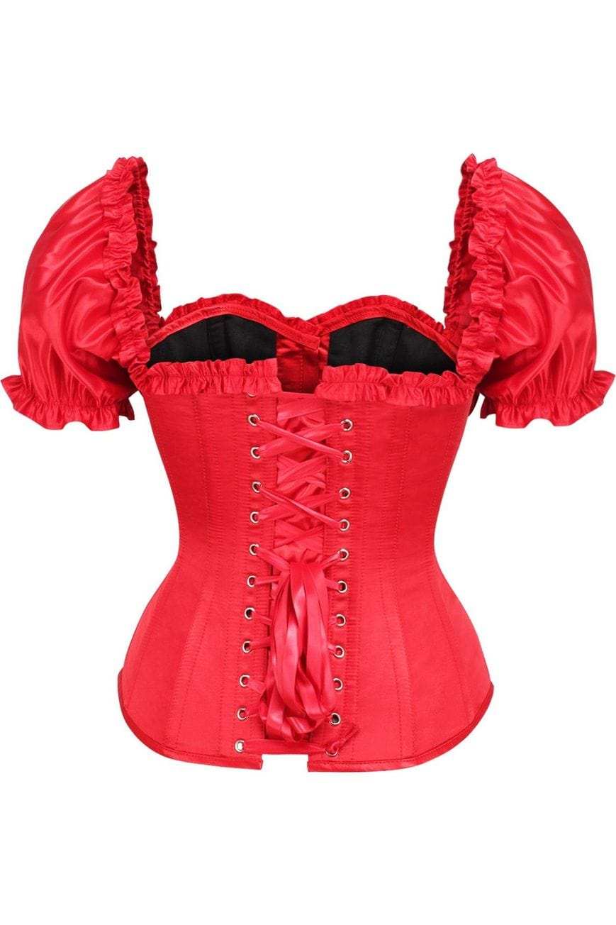 Daisy Corsets Top Drawer Steel Boned Red Satin Overbust Corset w/Sleeves - Daisy Corsets - Flyclothing LLC