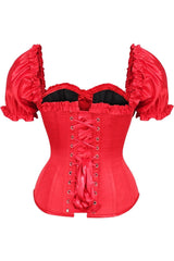 Daisy Corsets Top Drawer Steel Boned Red Satin Overbust Corset w/Sleeves - Daisy Corsets
