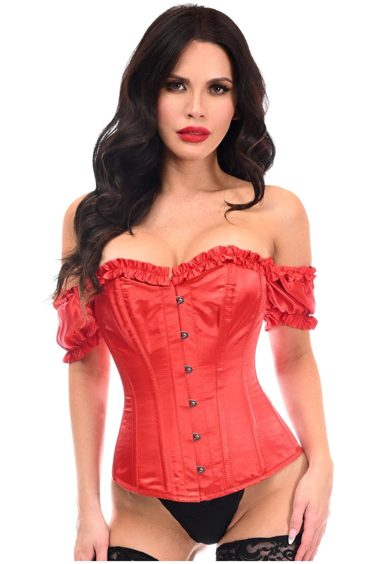 Daisy Corsets Top Drawer Steel Boned Red Satin Overbust Corset w/Sleeves - Daisy Corsets