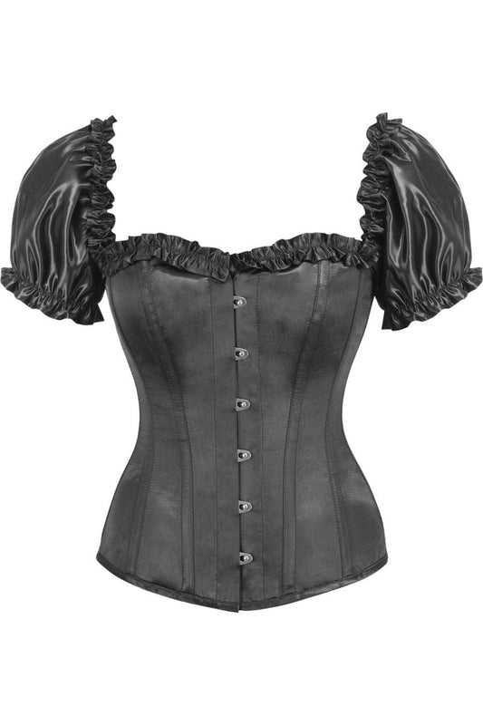 Daisy Corsets Top Drawer Steel Boned Black Satin Overbust Corset w/Sleeves - Daisy Corsets