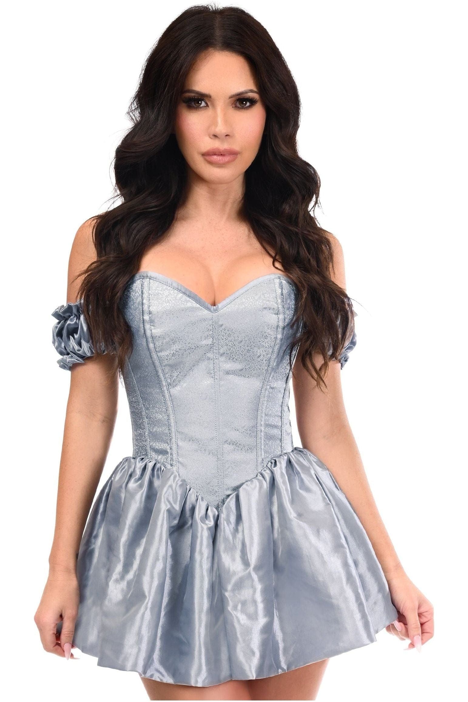 Daisy Corsets Top Drawer Steel Boned Dusty Blue Brocade & Taffeta Corset Dress - Daisy Corsets
