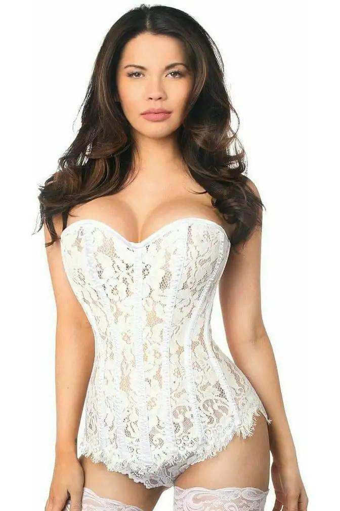 Daisy Corsets Top Drawer White Lace Steel Boned Corset w/Rhinestones - Daisy Corsets - Flyclothing LLC