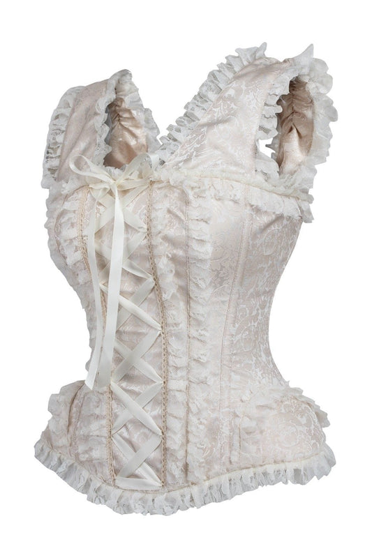Daisy Corsets Top Drawer Ivory Brocade & Lace Steel Boned Corset w/Cap Sleeves - Daisy Corsets