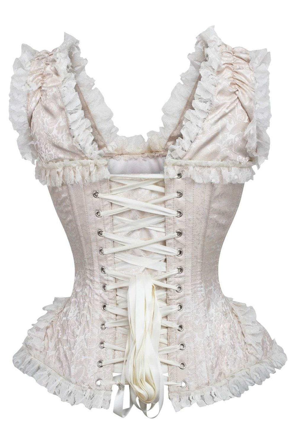 Daisy Corsets Top Drawer Ivory Brocade & Lace Steel Boned Corset w/Cap Sleeves - Daisy Corsets - Flyclothing LLC
