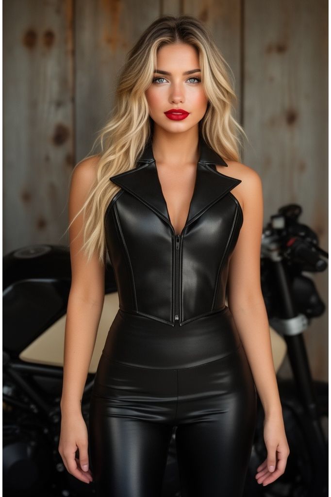 Top Drawer Black Faux Leather Steel Boned Collared Bustier Top