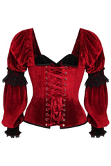 Daisy Corsets Top Drawer Dark Red Velvet Steel Boned Long Sleeve Corset - Daisy Corsets