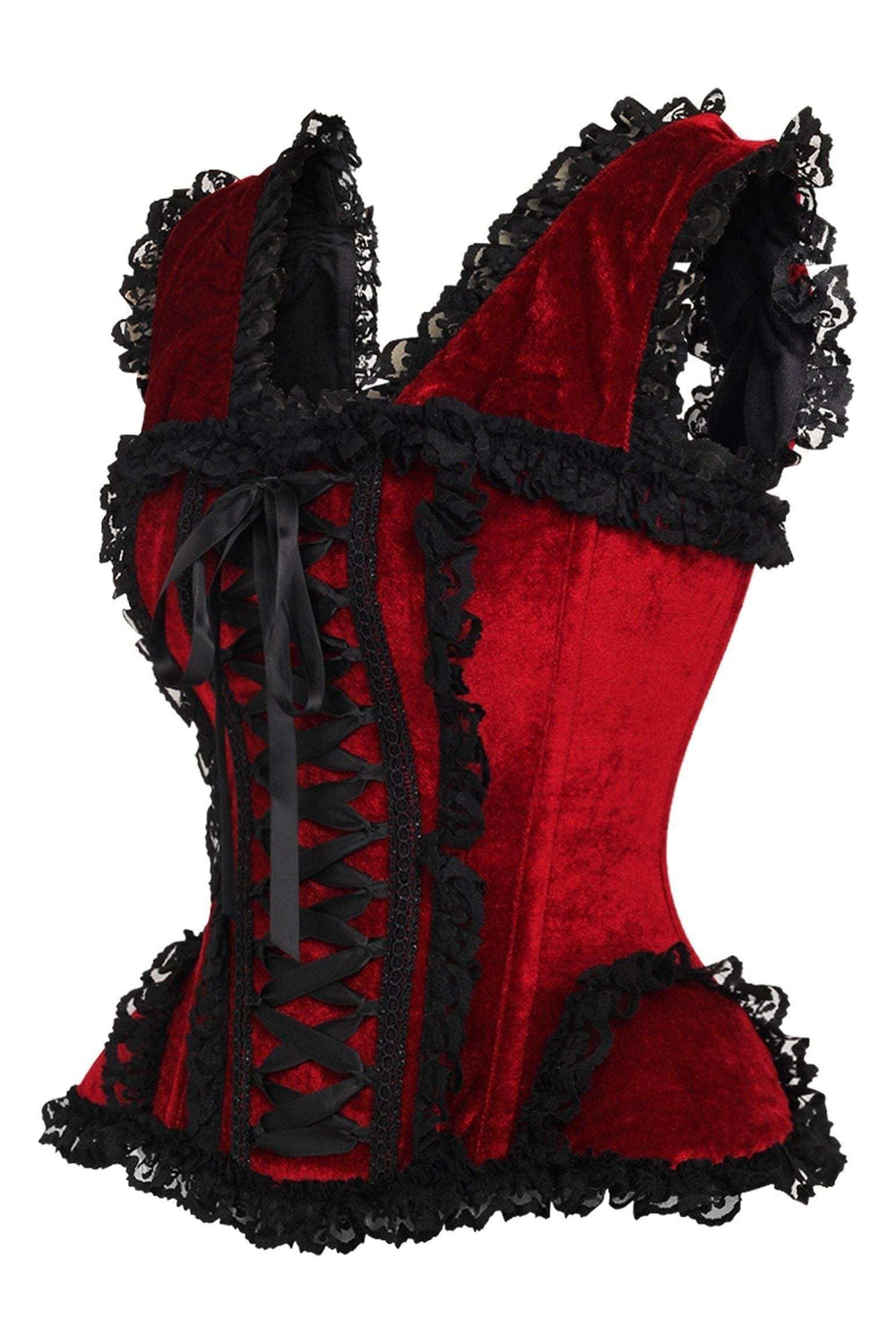 Daisy Corsets Top Drawer Dark Red Velvet & Lace Steel Boned Corset w/Cap Sleeves - Daisy Corsets - Flyclothing LLC