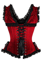Daisy Corsets Top Drawer Dark Red Velvet & Lace Steel Boned Corset w/Cap Sleeves - Daisy Corsets