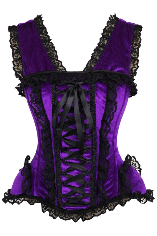 Daisy Corsets Top Drawer Purple Velvet & Lace Steel Boned Corset w/Cap Sleeves - Daisy Corsets
