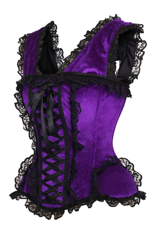 Daisy Corsets Top Drawer Purple Velvet & Lace Steel Boned Corset w/Cap Sleeves - Daisy Corsets