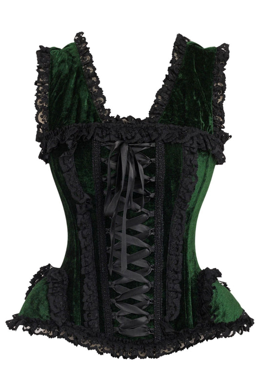Daisy Corsets Top Drawer Dark Green Velvet & Lace Steel Boned Corset w/Cap Sleeves - Daisy Corsets