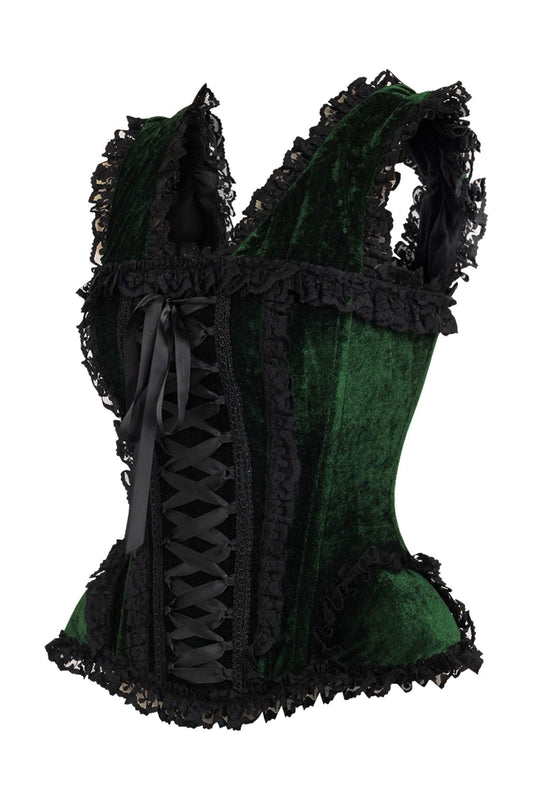 Daisy Corsets Top Drawer Dark Green Velvet & Lace Steel Boned Corset w/Cap Sleeves - Daisy Corsets