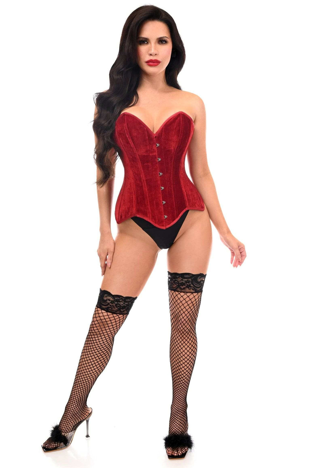 Daisy Corsets Top Drawer Dark Red Velvet Steel Boned Overbust Corset - Daisy Corsets - Flyclothing LLC