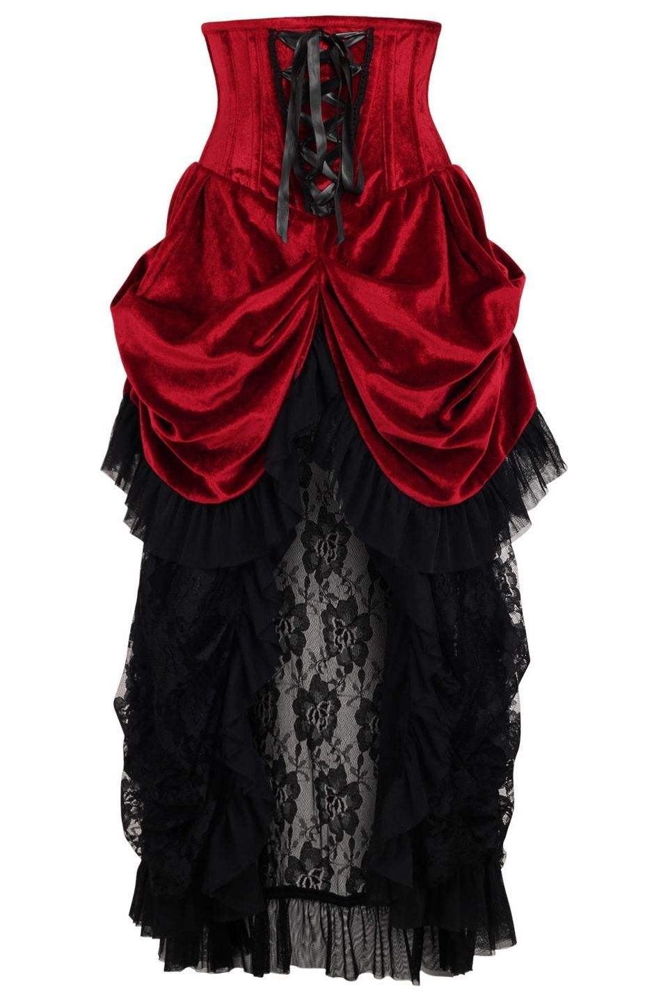 Daisy Corsets Top Drawer Steel Boned Dark Red Velvet Victorian Bustle Underbust Corset Dress - Daisy Corsets - Flyclothing LLC