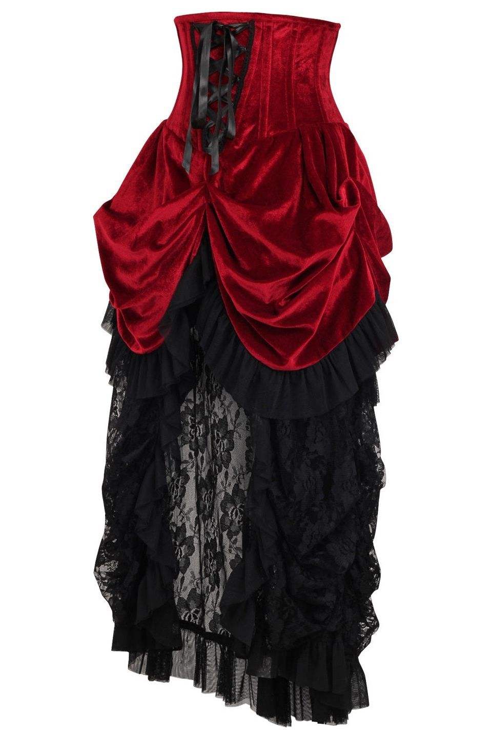 Daisy Corsets Top Drawer Steel Boned Dark Red Velvet Victorian Bustle Underbust Corset Dress - Daisy Corsets - Flyclothing LLC