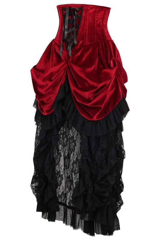 Daisy Corsets Top Drawer Steel Boned Dark Red Velvet Victorian Bustle Underbust Corset Dress - Daisy Corsets
