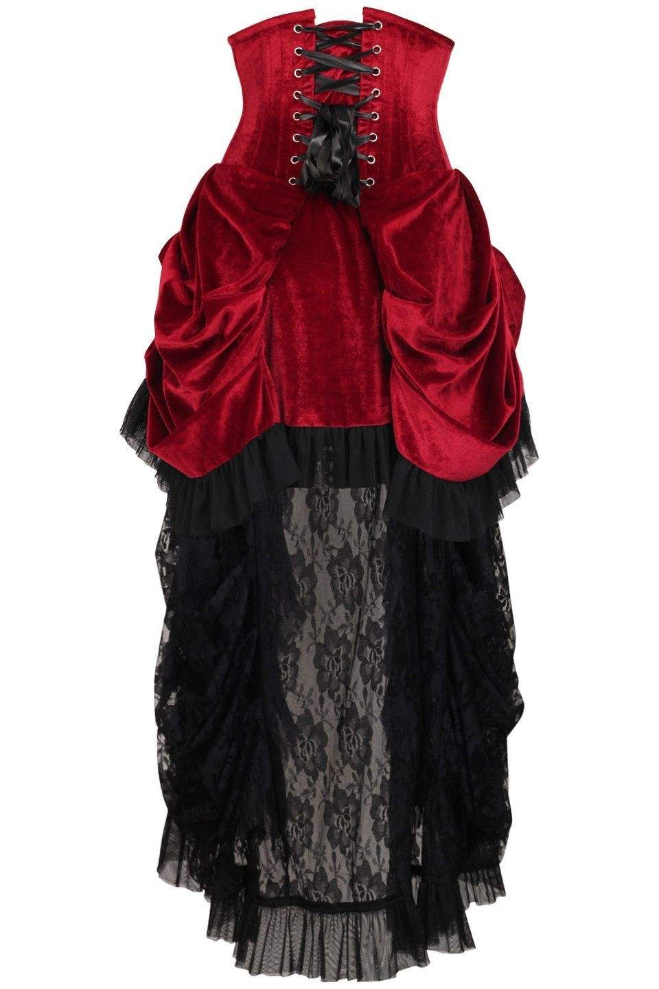 Daisy Corsets Top Drawer Steel Boned Dark Red Velvet Victorian Bustle Underbust Corset Dress - Daisy Corsets - Flyclothing LLC