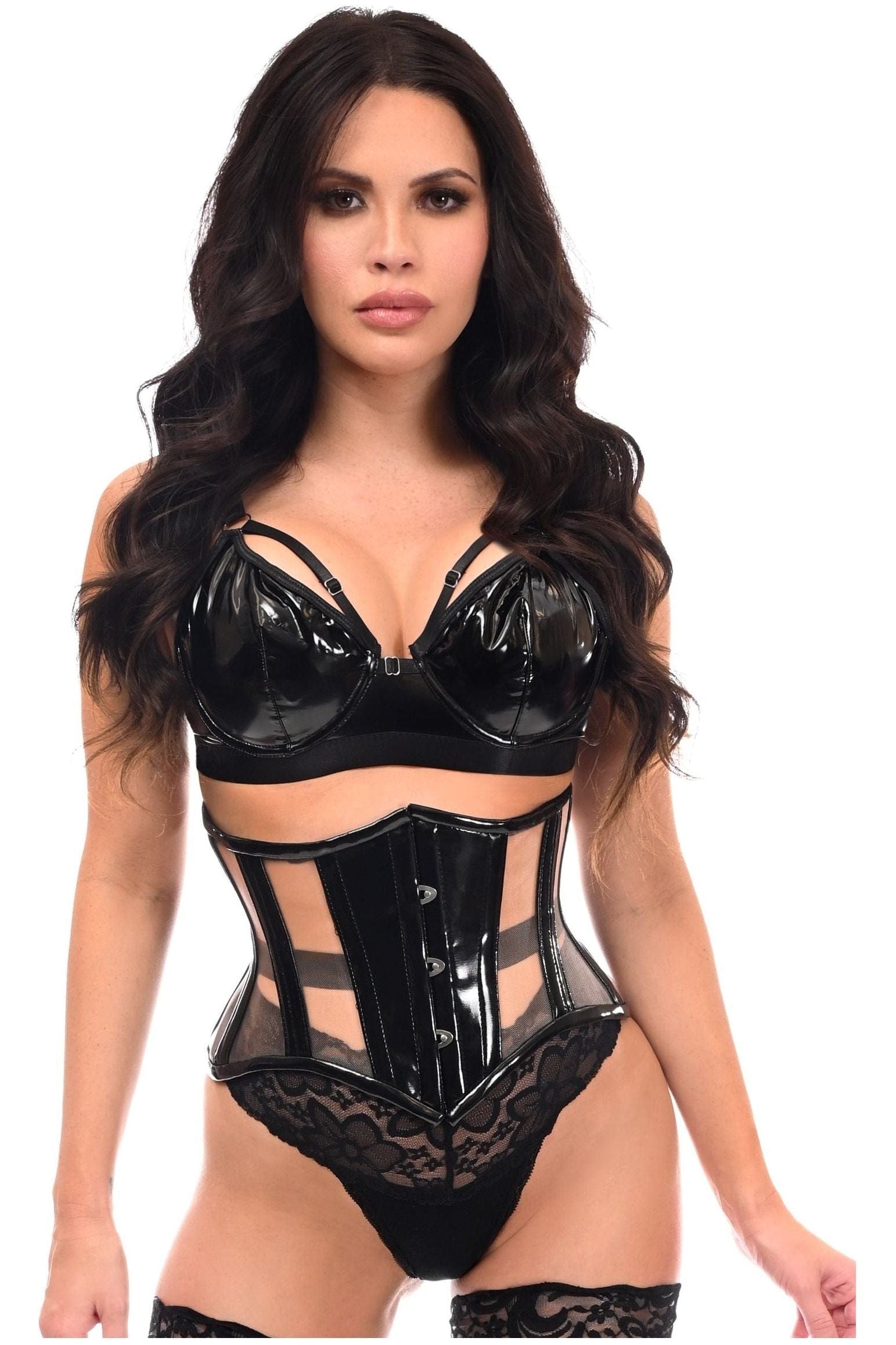 Daisy Corsets Top Drawer Black Patent & Nude Mesh Steel Boned Mini Cincher Under Bust Corset - Daisy Corsets