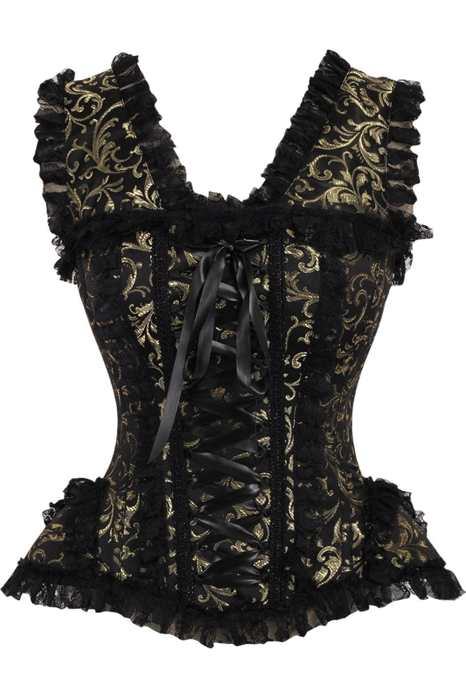 Daisy Corsets Top Drawer Gold/Black Swirl Brocade & Lace Steel Boned Corset w/Cap Sleeves - Daisy Corsets
