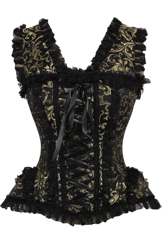 Daisy Corsets Top Drawer Gold/Black Swirl Brocade & Lace Steel Boned Corset w/Cap Sleeves - Daisy Corsets