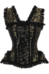 Daisy Corsets Top Drawer Gold/Black Swirl Brocade & Lace Steel Boned Corset w/Cap Sleeves - Daisy Corsets