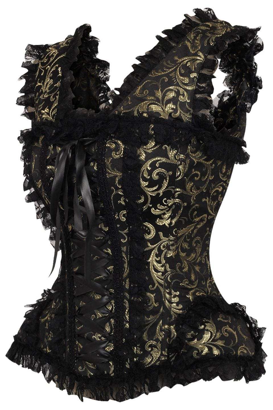 Daisy Corsets Top Drawer Gold/Black Swirl Brocade & Lace Steel Boned Corset w/Cap Sleeves - Daisy Corsets - Flyclothing LLC