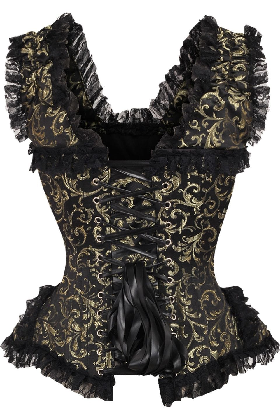 Daisy Corsets Top Drawer Gold/Black Swirl Brocade & Lace Steel Boned Corset w/Cap Sleeves - Daisy Corsets