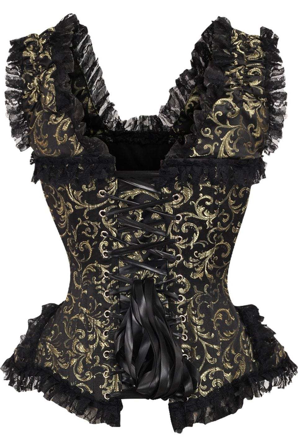 Daisy Corsets Top Drawer Gold/Black Swirl Brocade & Lace Steel Boned Corset w/Cap Sleeves - Daisy Corsets - Flyclothing LLC
