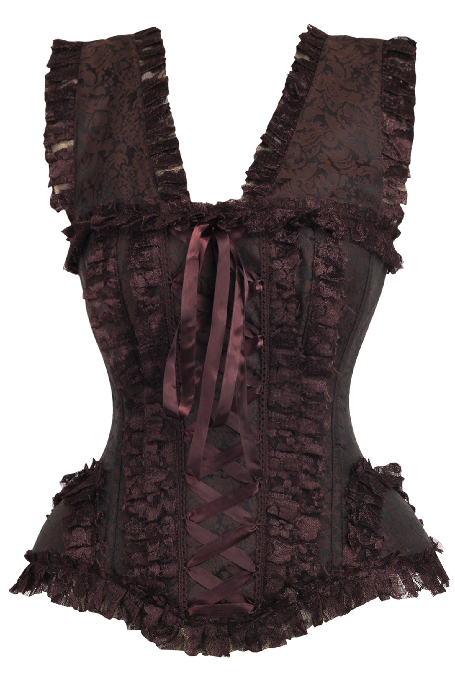 Daisy Corsets Top Drawer Brown Swirl Brocade & Lace Steel Boned Corset w/Cap Sleeves - Daisy Corsets