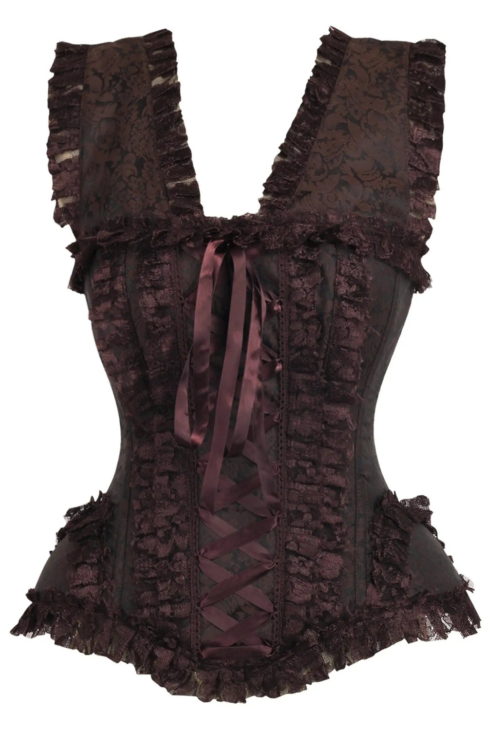 Daisy Corsets Top Drawer Brown Swirl Brocade & Lace Steel Boned Corset w/Cap Sleeves - Daisy Corsets