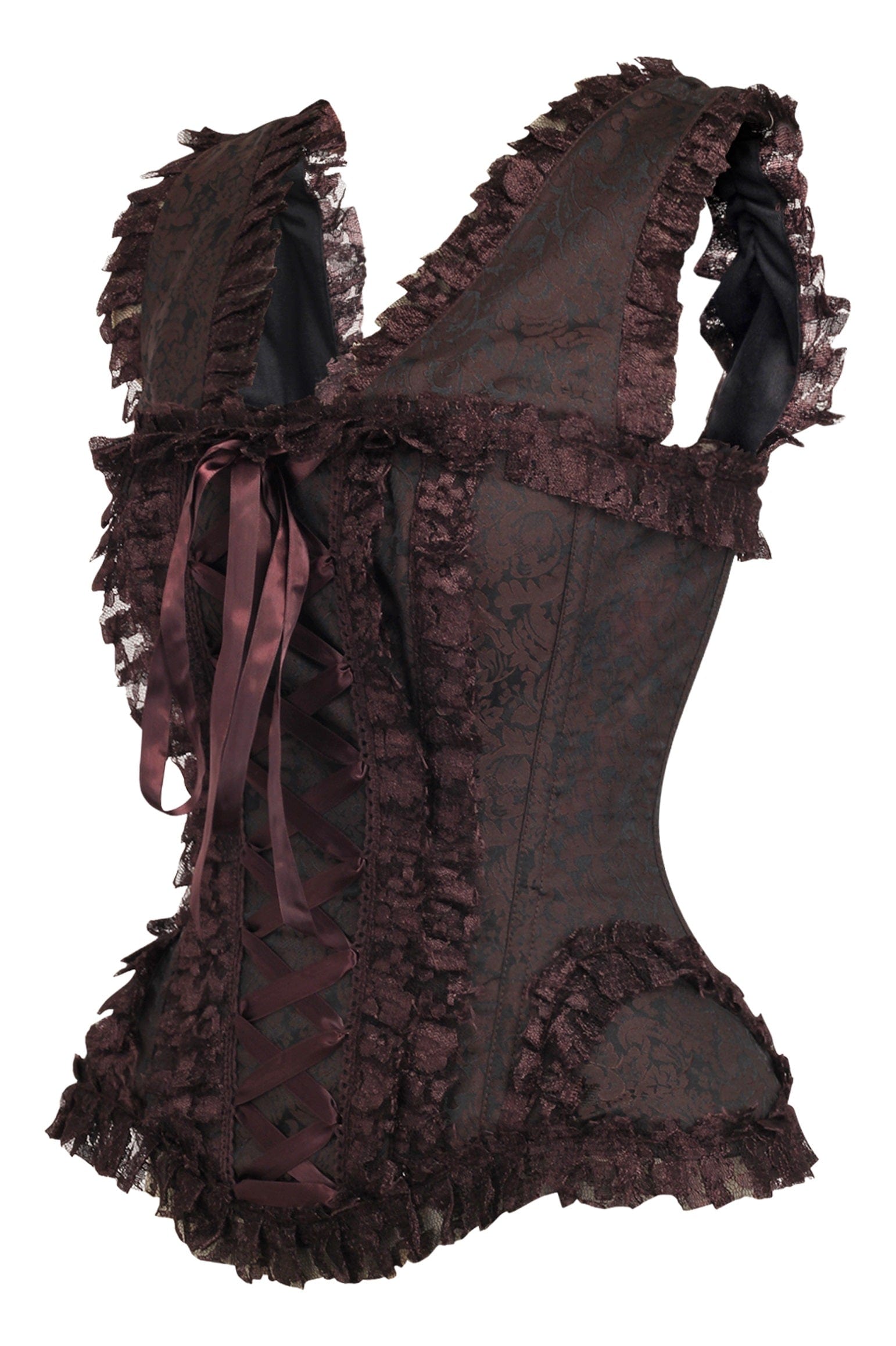 Daisy Corsets Top Drawer Brown Swirl Brocade & Lace Steel Boned Corset w/Cap Sleeves - Daisy Corsets