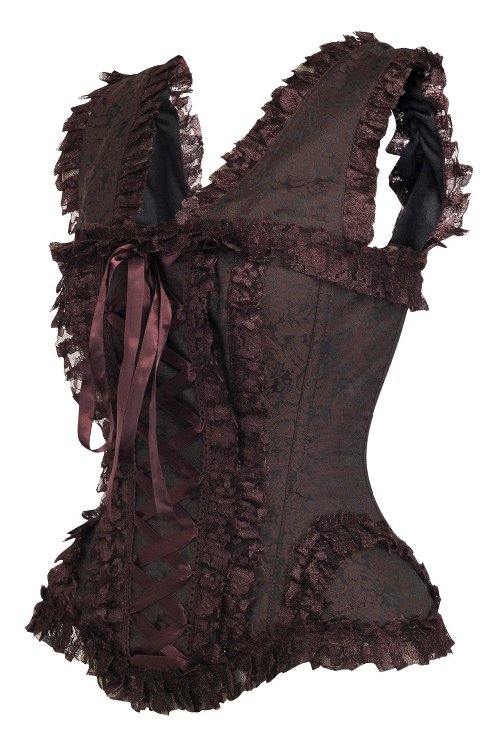 Daisy Corsets Top Drawer Brown Swirl Brocade & Lace Steel Boned Corset w/Cap Sleeves - Daisy Corsets - Flyclothing LLC