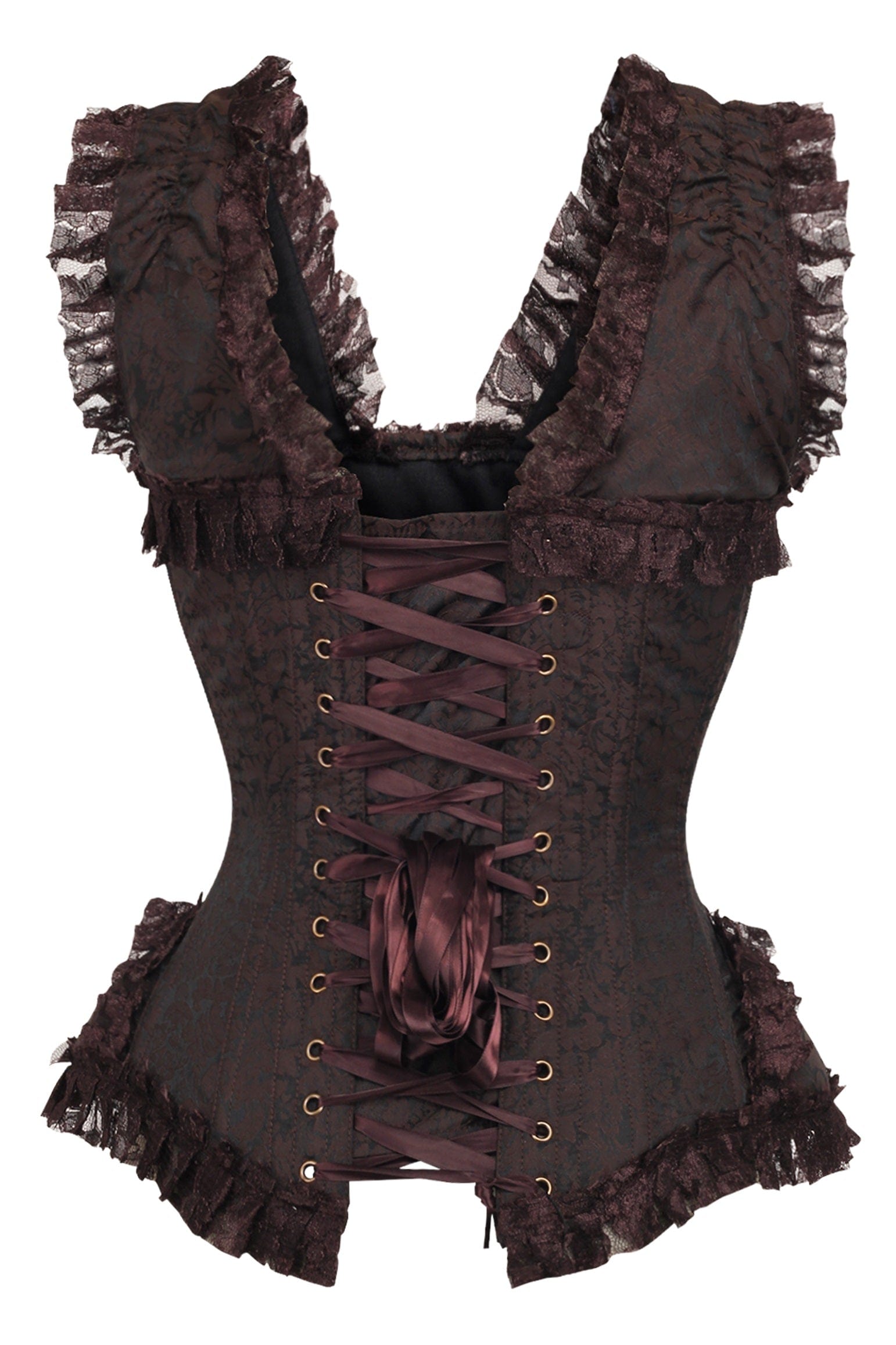 Daisy Corsets Top Drawer Brown Swirl Brocade & Lace Steel Boned Corset w/Cap Sleeves - Daisy Corsets