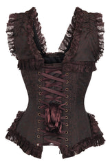 Daisy Corsets Top Drawer Brown Swirl Brocade & Lace Steel Boned Corset w/Cap Sleeves - Daisy Corsets