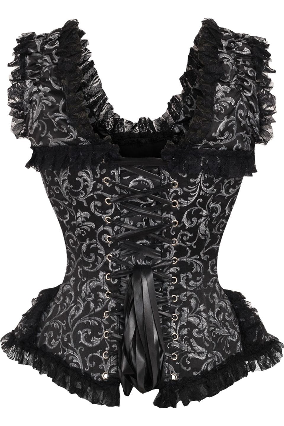 Daisy Corsets Top Drawer Silver/Black Swirl Brocade & Lace Steel Boned Corset w/Cap Sleeves - Daisy Corsets