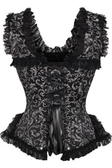 Daisy Corsets Top Drawer Silver/Black Swirl Brocade & Lace Steel Boned Corset w/Cap Sleeves - Daisy Corsets