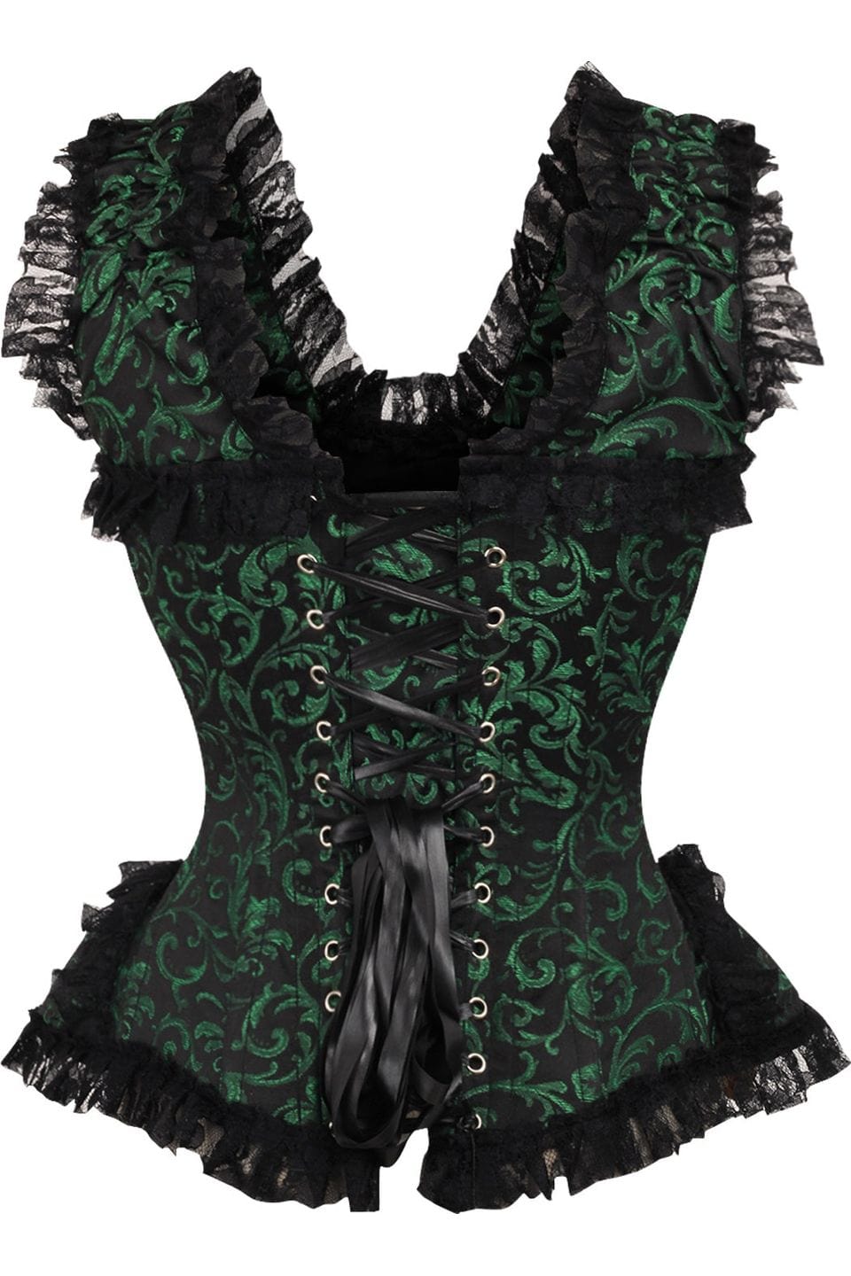 Daisy Corsets Top Drawer Green/Black Swirl Brocade & Lace Steel Boned Corset w/Cap Sleeves - Daisy Corsets