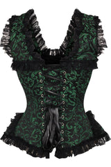Daisy Corsets Top Drawer Green/Black Swirl Brocade & Lace Steel Boned Corset w/Cap Sleeves - Daisy Corsets