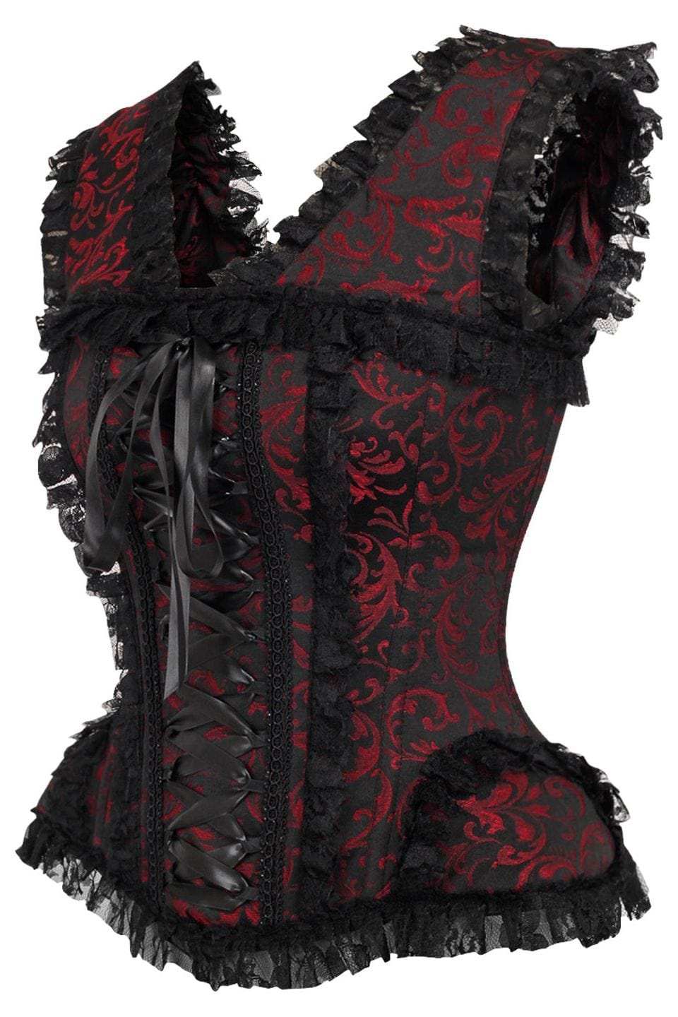 Daisy Corsets Top Drawer Red/Black Swirl Brocade & Lace Steel Boned Corset w/Cap Sleeves - Daisy Corsets - Flyclothing LLC