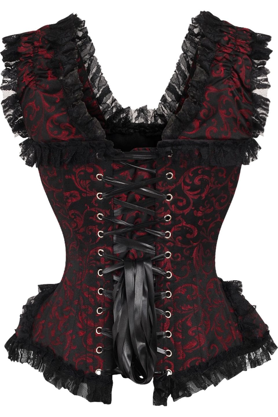 Daisy Corsets Top Drawer Red/Black Swirl Brocade & Lace Steel Boned Corset w/Cap Sleeves - Daisy Corsets
