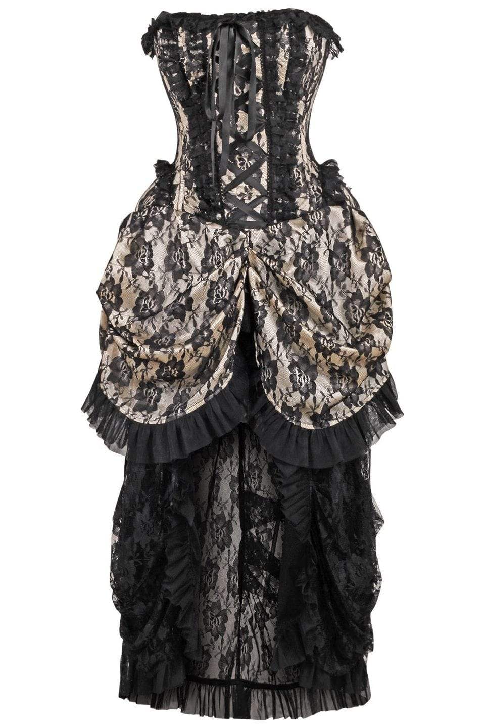 Daisy Corsets Top Drawer Steel Boned Cream w/Black Lace Bustle Corset Dress - Daisy Corsets - Flyclothing LLC