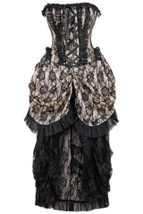 Daisy Corsets Top Drawer Steel Boned Cream w/Black Lace Bustle Corset Dress - Daisy Corsets - Flyclothing LLC