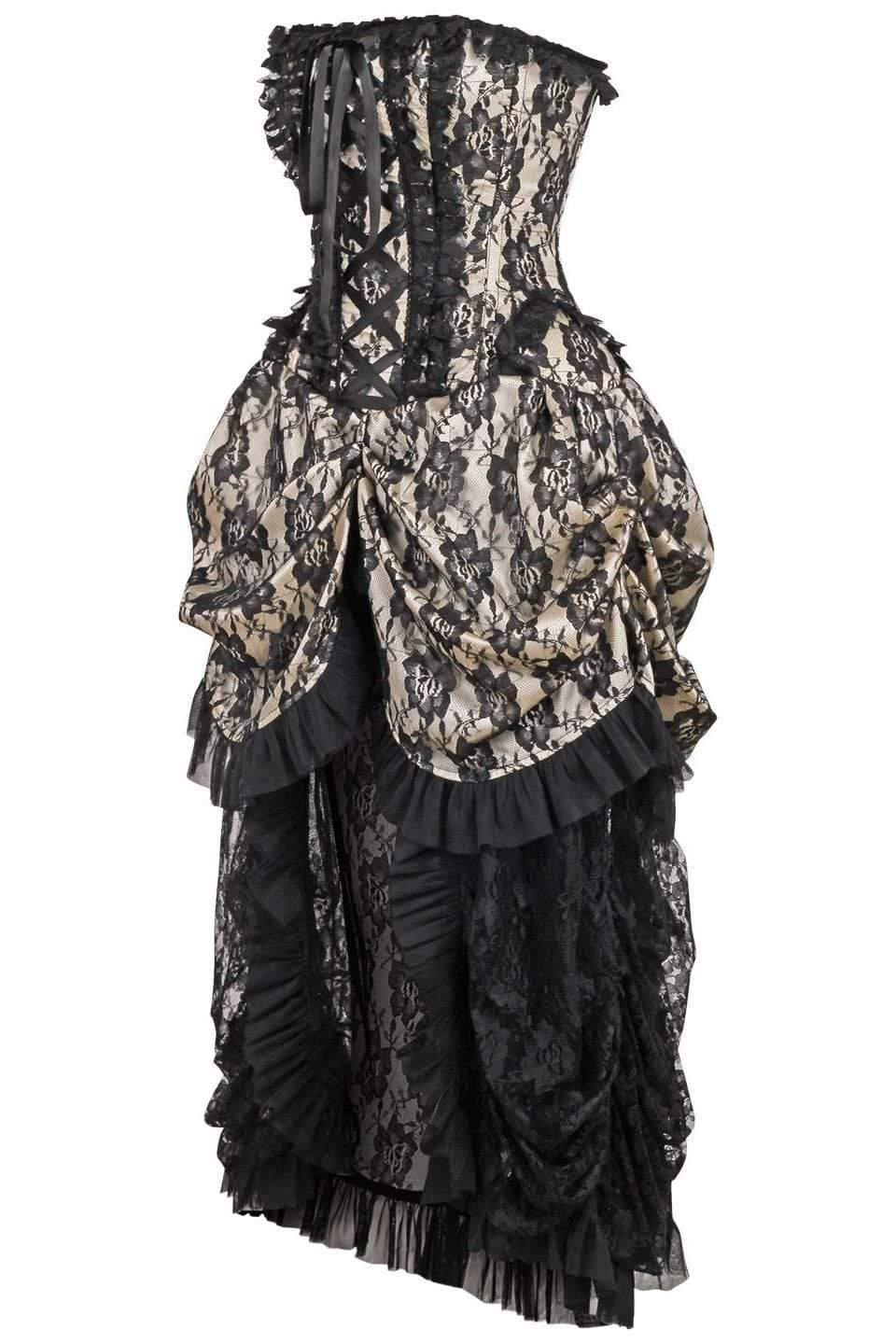 Daisy Corsets Top Drawer Steel Boned Cream w/Black Lace Bustle Corset Dress - Daisy Corsets - Flyclothing LLC