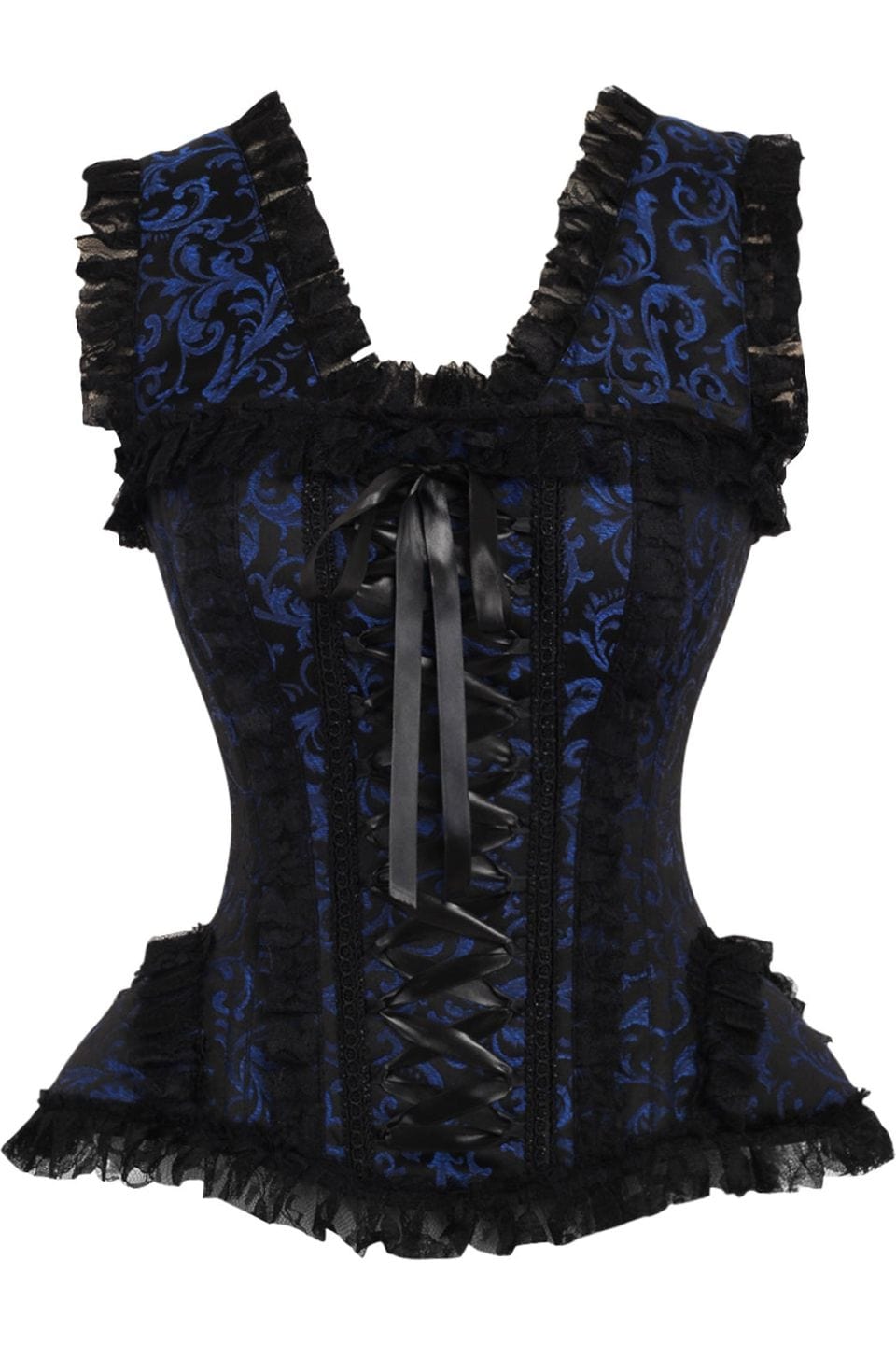 Daisy Corsets Top Drawer Blue/Black Swirl Brocade & Lace Steel Boned Corset w/Cap Sleeves - Daisy Corsets