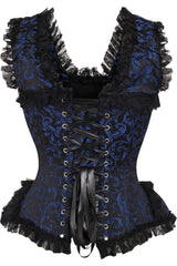 Daisy Corsets Top Drawer Blue/Black Swirl Brocade & Lace Steel Boned Corset w/Cap Sleeves - Daisy Corsets