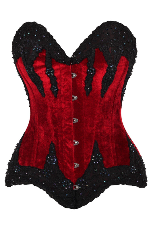 Daisy Corsets Top Drawer Dark Red Velvet & Beaded Steel Boned Overbust Corset - Daisy Corsets