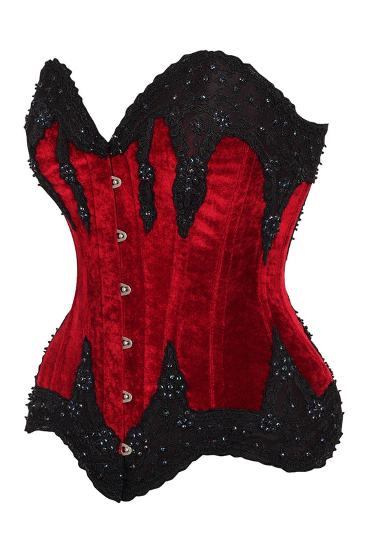 Daisy Corsets Top Drawer Dark Red Velvet & Beaded Steel Boned Overbust Corset - Daisy Corsets