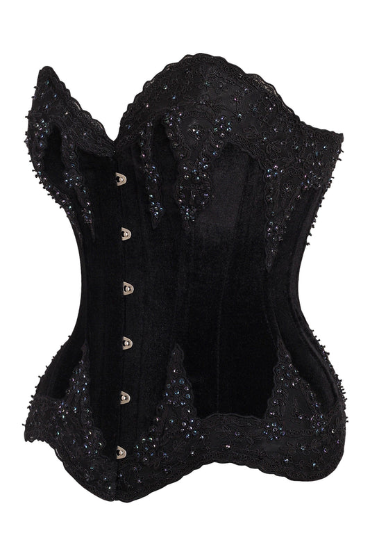 Daisy Corsets Top Drawer Black Velvet & Beaded Steel Boned Overbust Corset - Daisy Corsets